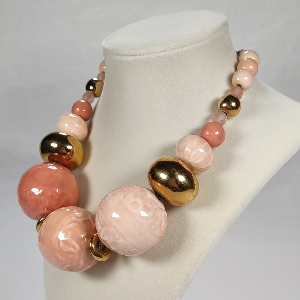 Vintage Glazed Ceramic Beaded Graduated Statement Choker 17 1/2" - Picture 3 of 11